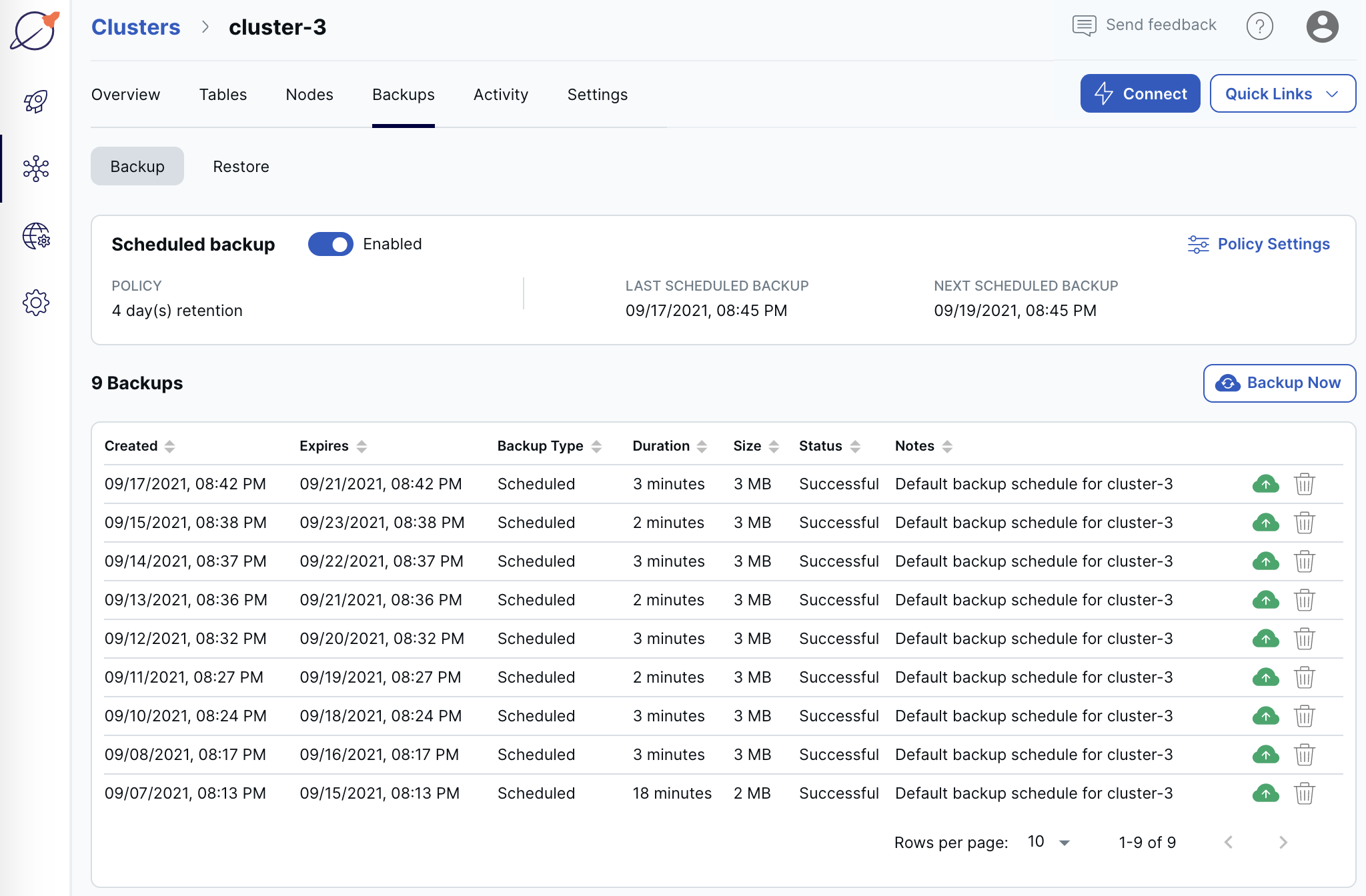 Cloud Cluster Backups page